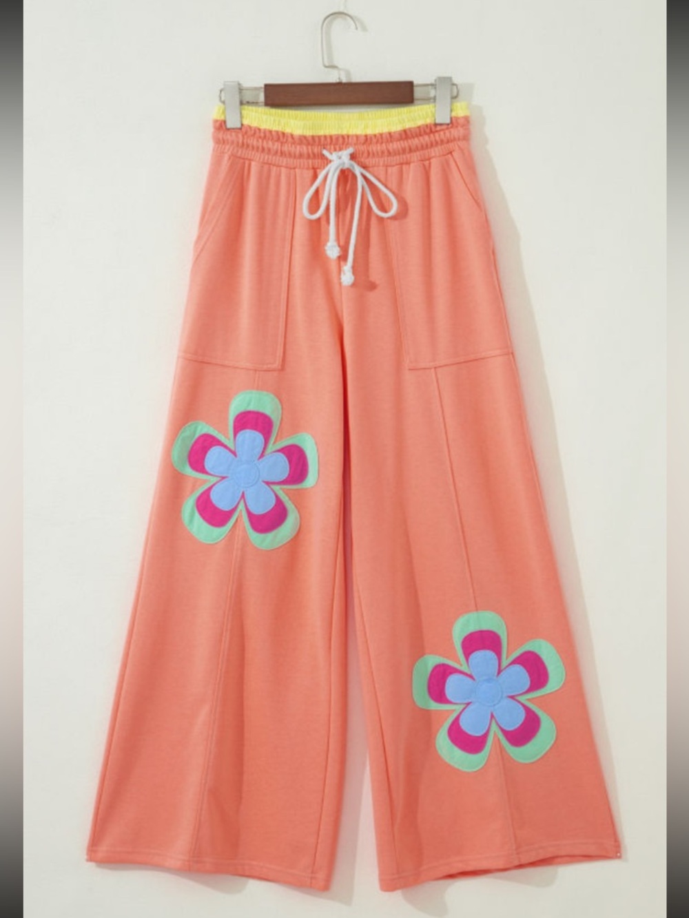 1214. Orange Colorblock floral patchwork wide leg elastic waist pant - Picture 4 of 5